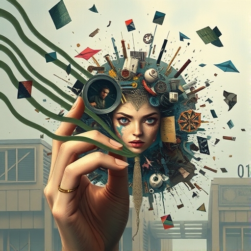 A visual metaphor of QT where meaning breaks apart and then comes back together, in the style of flux sch_nell.