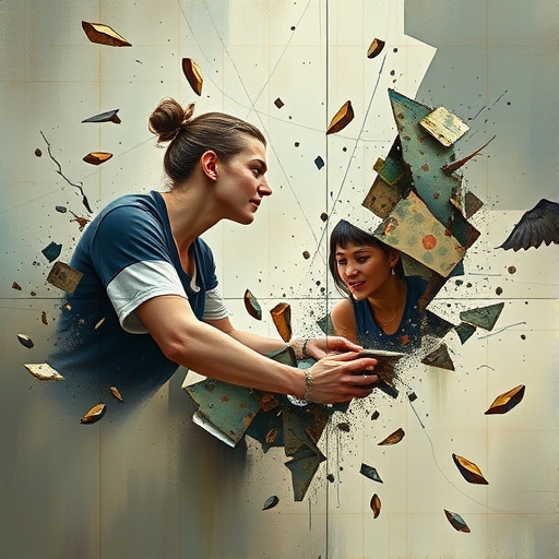A visual metaphor of QT where meaning breaks apart and then comes back together, in the style of flux sch_nell.