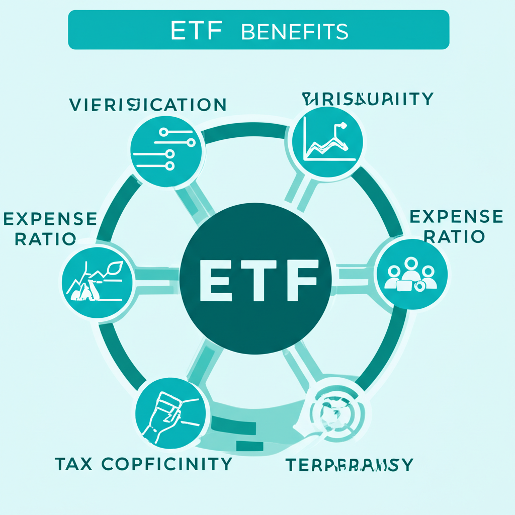 一張生動詳細的資訊圖表，說明了台灣不同類型的ETF。資訊圖表使用鮮豔的顏色和清晰的圖示來表示「高股息ETF」、「債券ETF」、「產業型ETF」和「廣泛市場ETF」等類別。每個類別都有小型說明圖示和簡短描述。整體設計現代、簡潔且易於理解，重點在於視覺吸引力和快速資訊吸收。