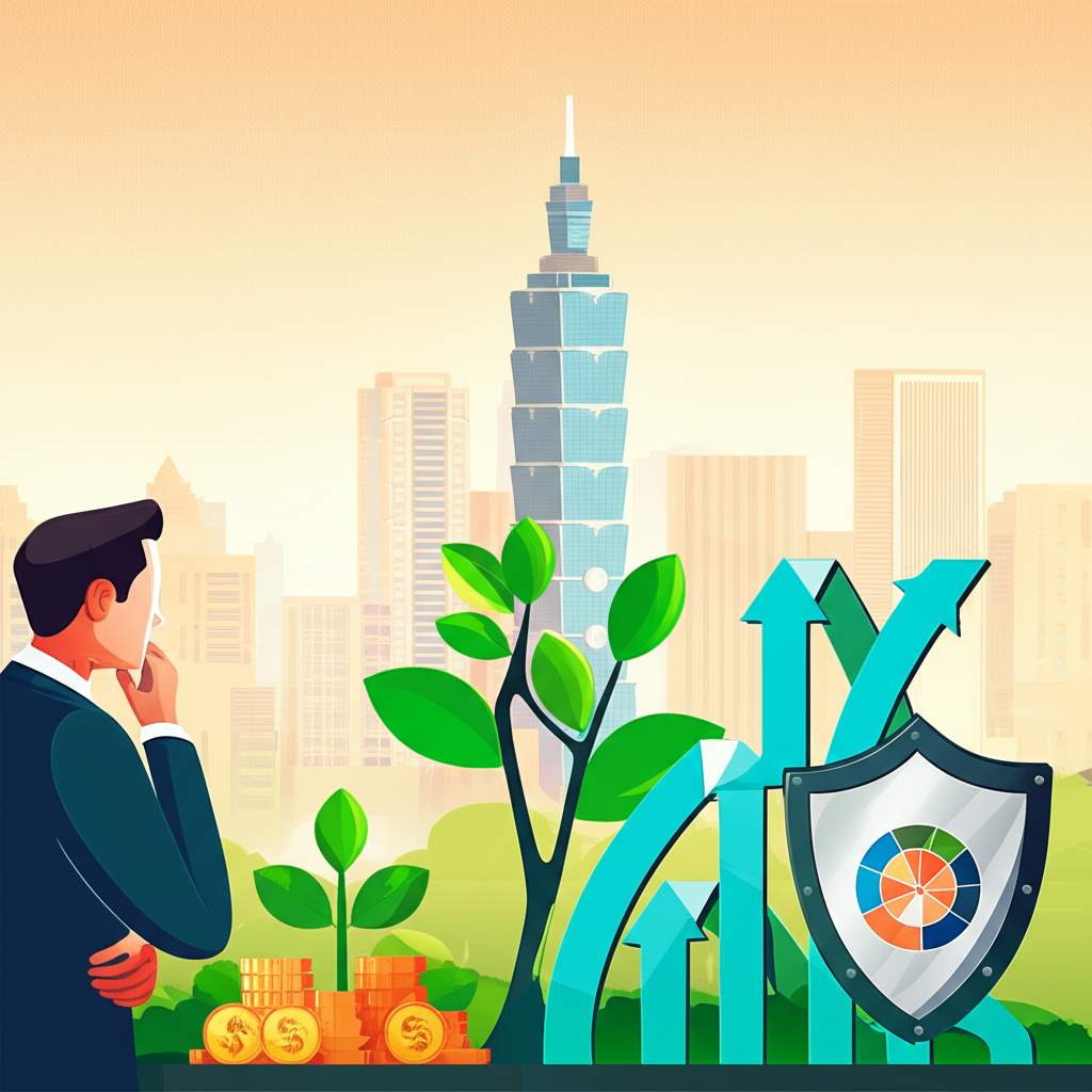 插畫描繪投資人思考不同投資方向，背景為台灣資本市場建築群，象徵成長、現金流與風險分散的圖示環繞四周