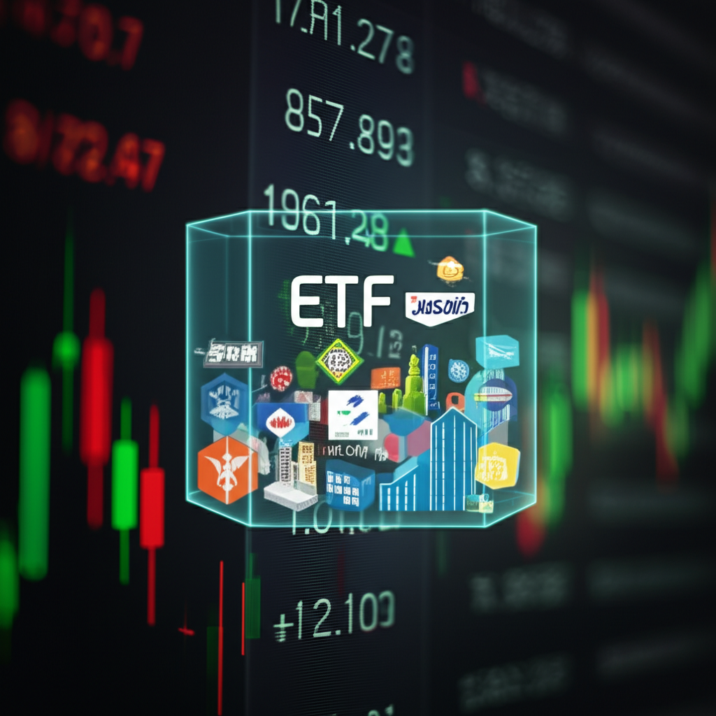 數位交易畫面顯示ETF代碼,旁邊透明盒內有各式企業標誌與資產圖示,呈現ETF背後多元持有的概念