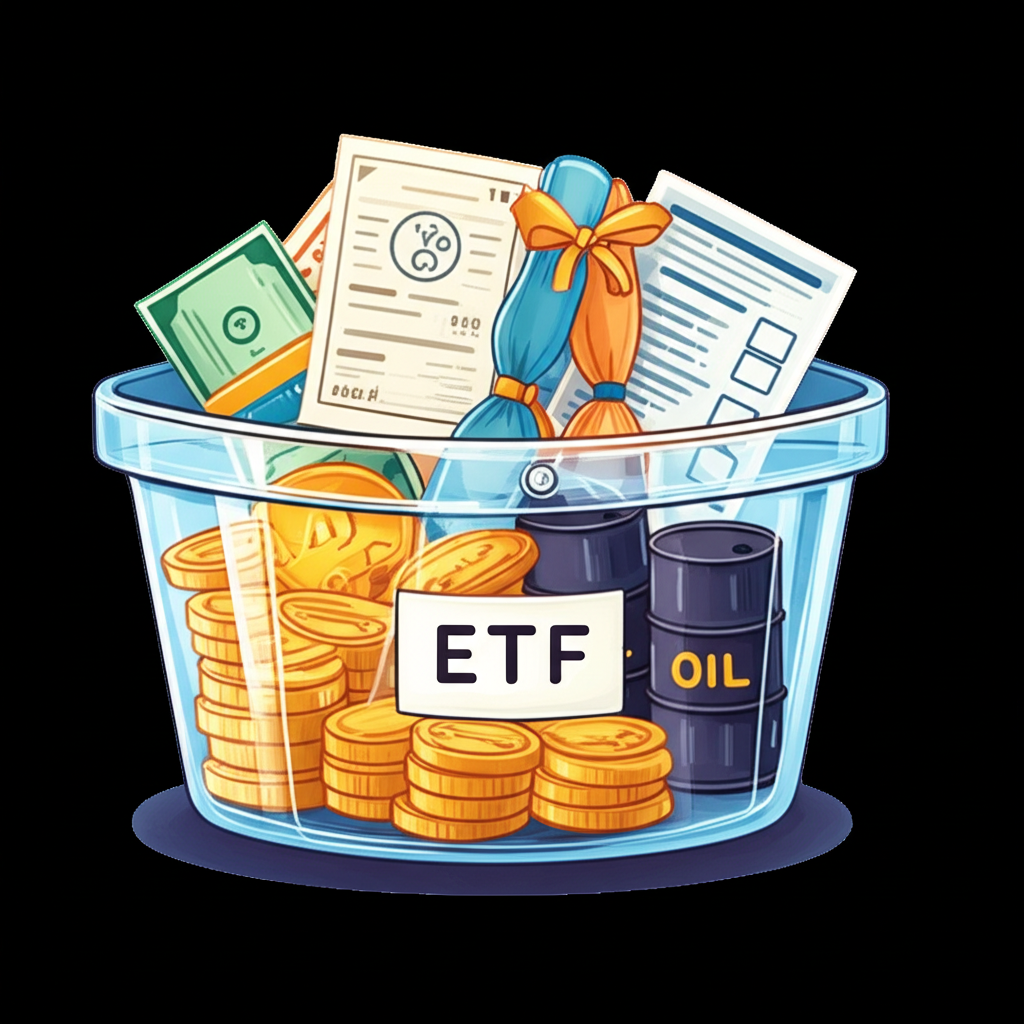 透明籃子內裝有微型股票、債券與商品，象徵ETF的多元資產組合與分散風險特性